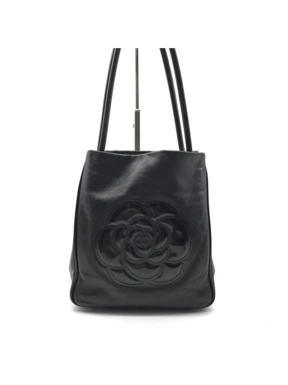 Chanel CC Logo Camellia Tote Shoulder Bag Leather Black